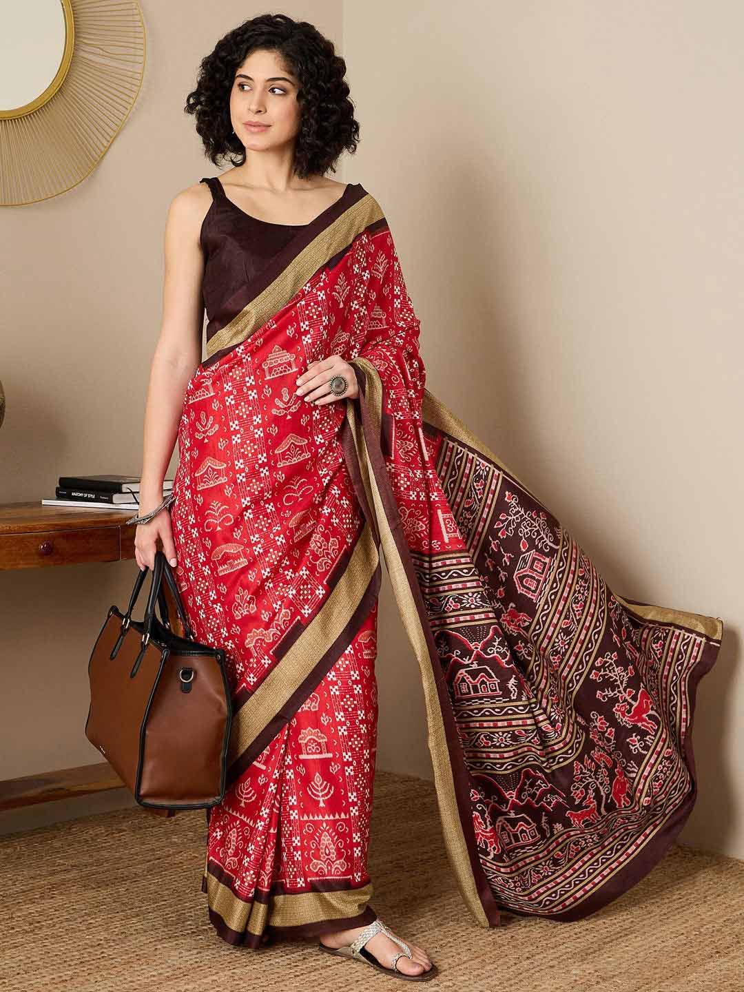 Red Saree With Dark Brown Contrast Blouse
