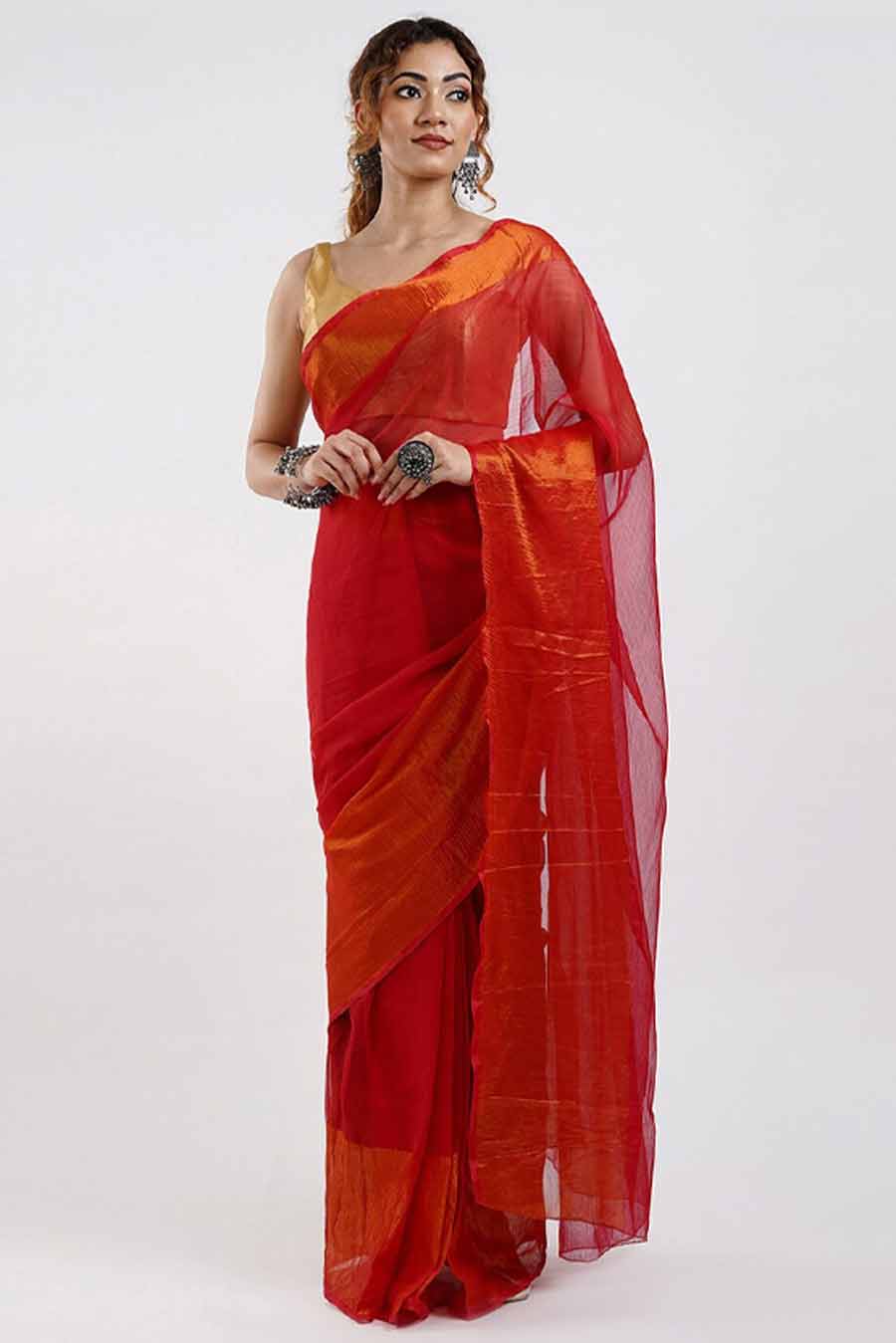Red Saree With Golden Contrast Blouse