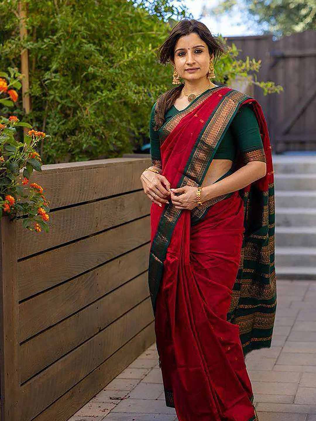 Red Saree With Green Contrast Blouse