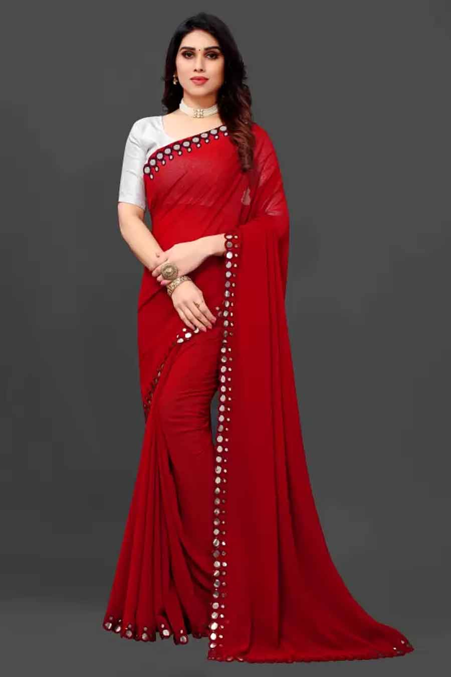 Red Saree With Silver Contrast Blouse