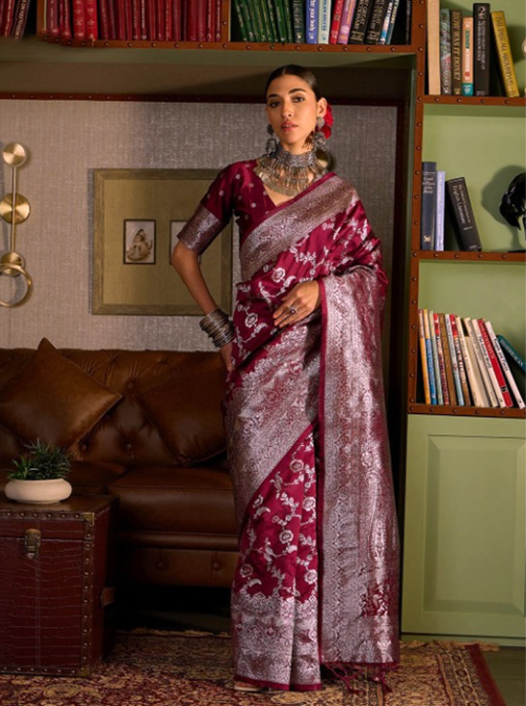 Wine Colour Banarasi Silk Saree Design