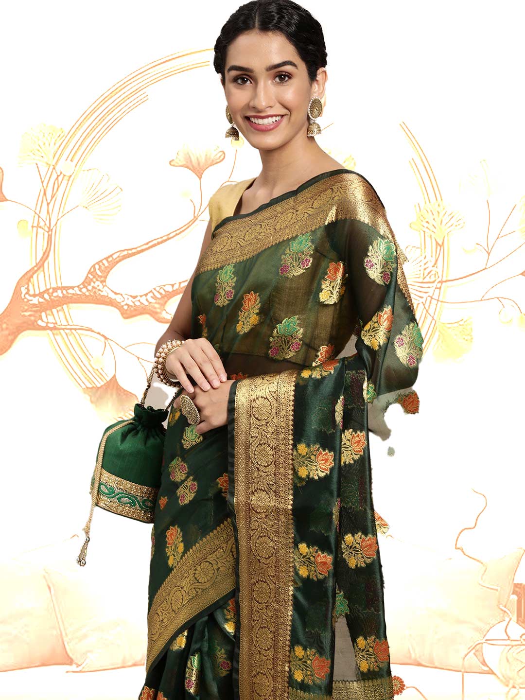 Green Floral Zari Organza Kanjeevaram Saree Design