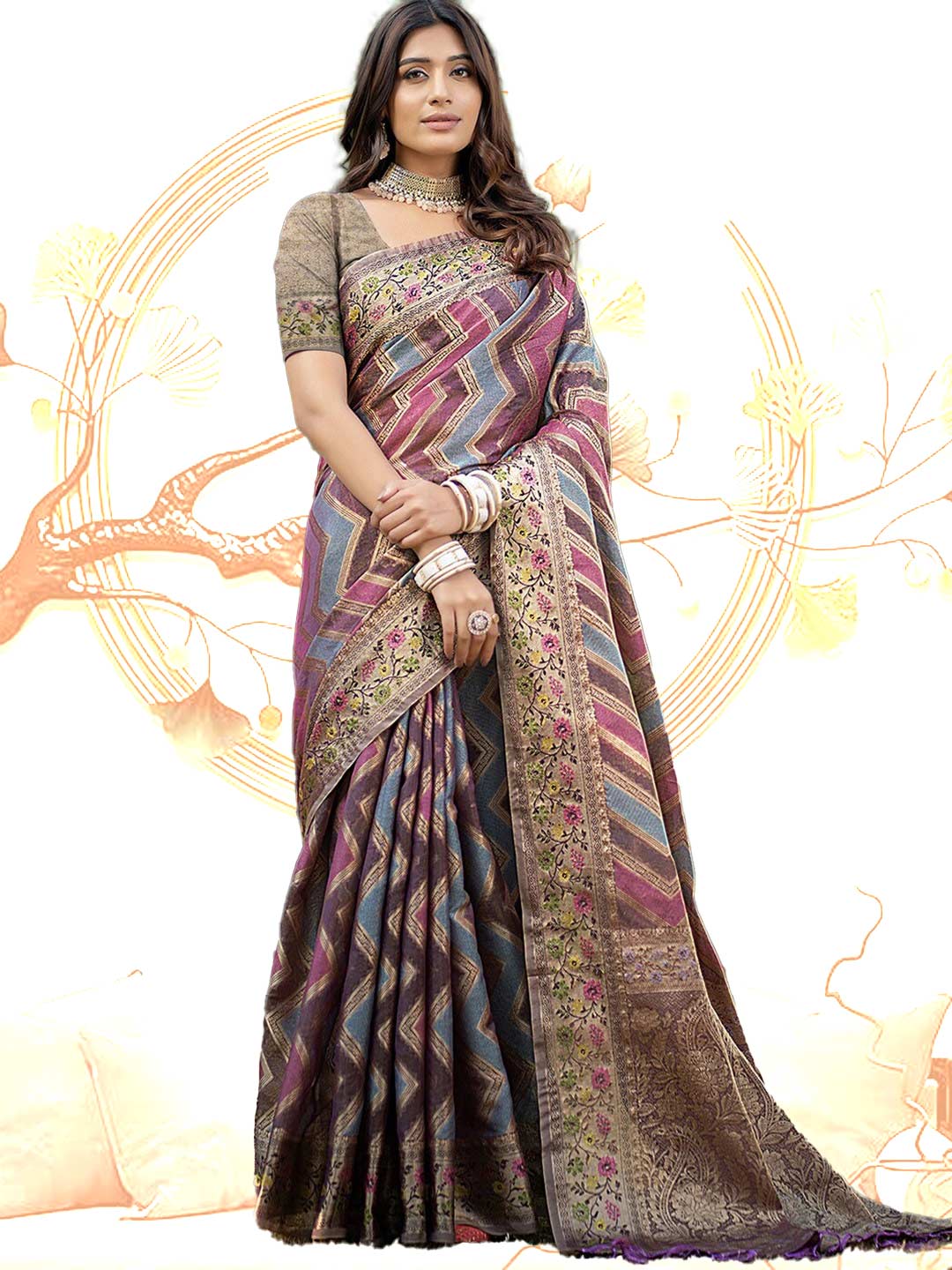 Printed Jacquard Zari Organza Leheriya Saree