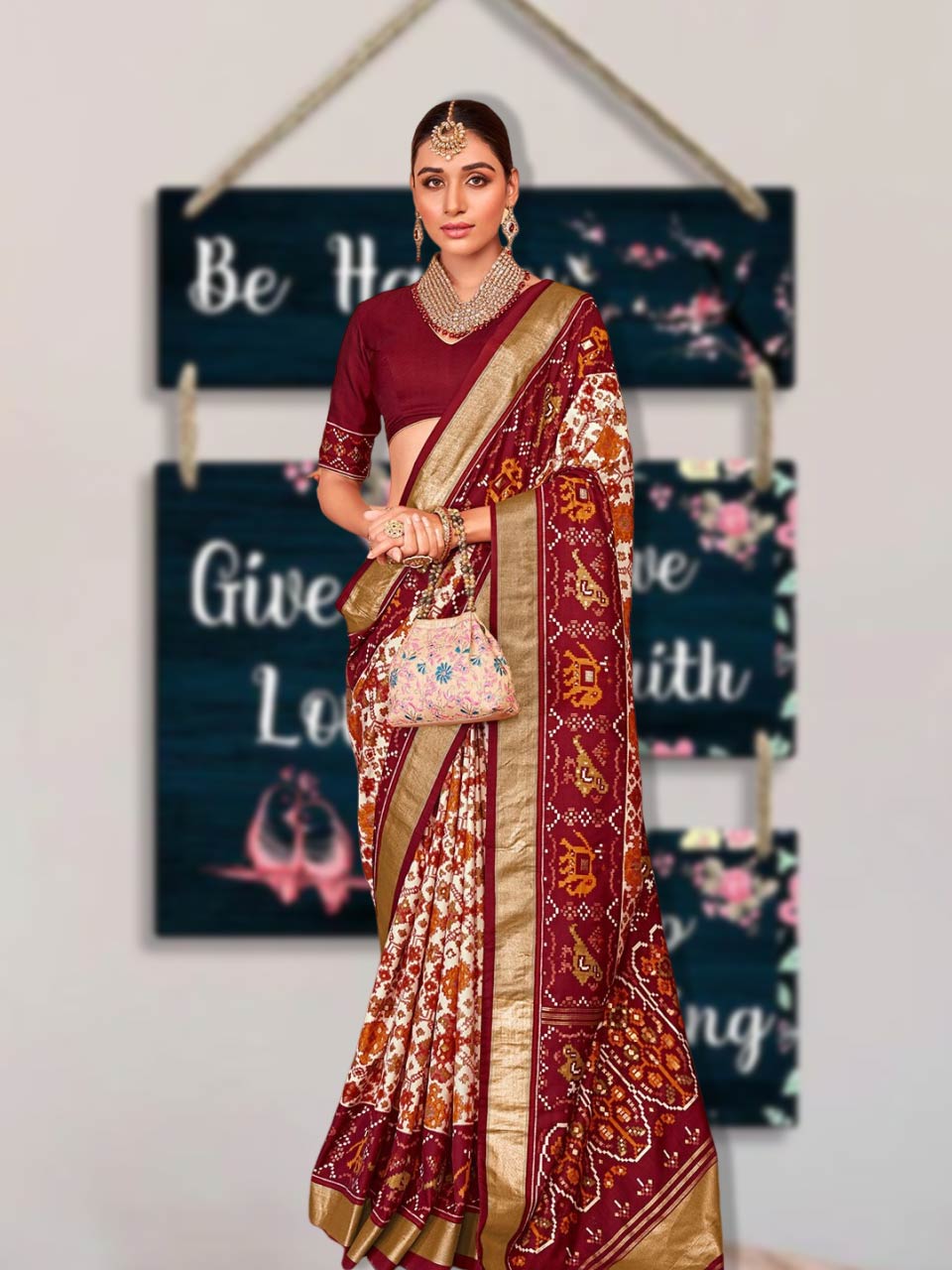 Red Ethnic Motifs Zari Silk Blend Patola Saree