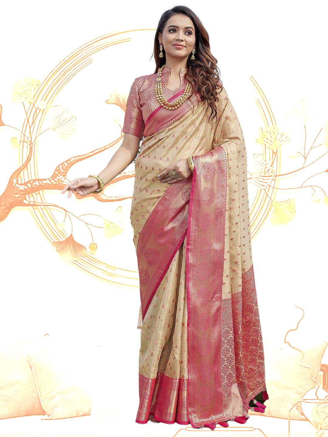 Woven Zari Organza Tassels Saree Design