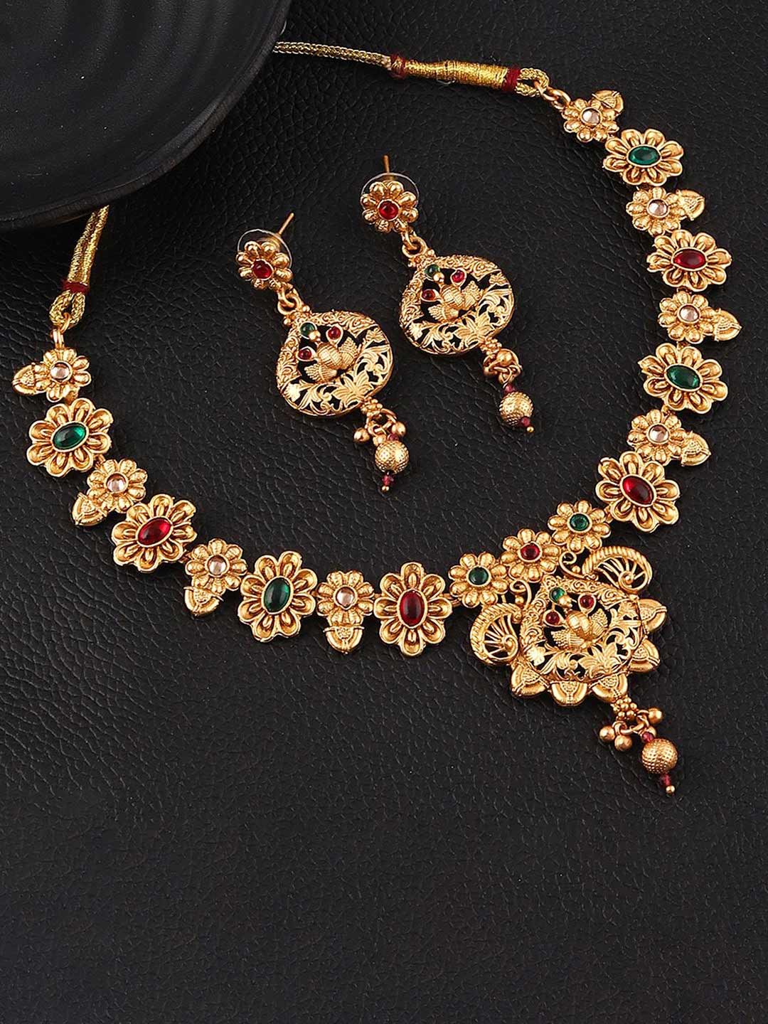 Gold Peacock Design Kempu Stone Studded Jewellery Set