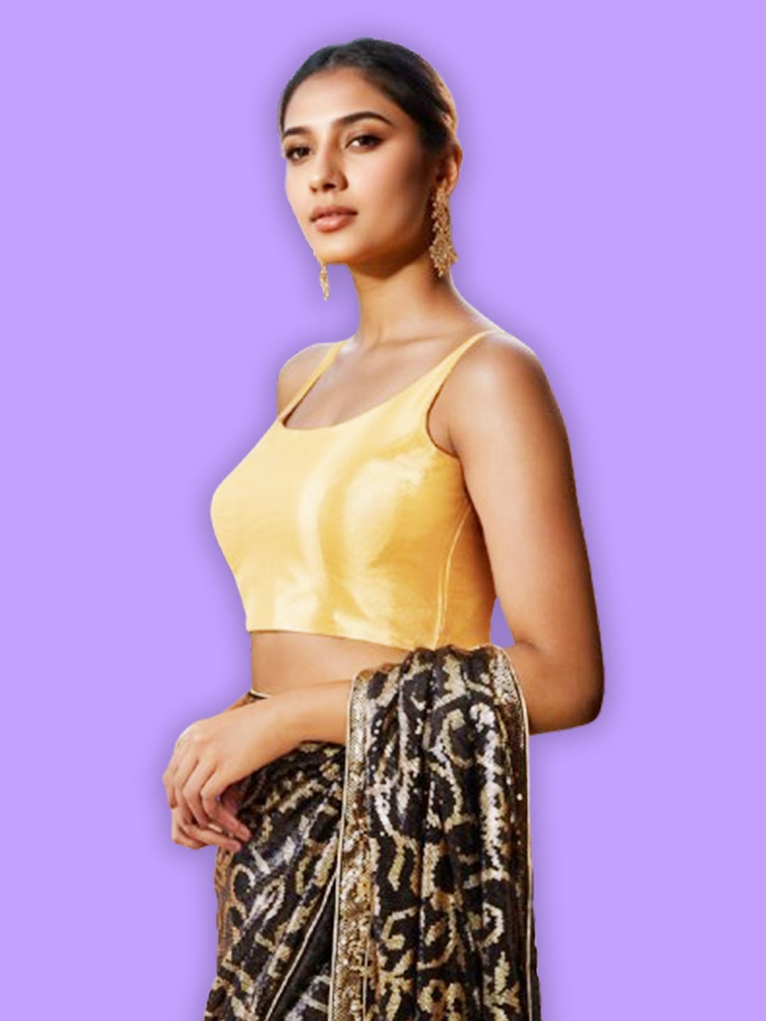 Women Gold-Coloured Solid Tissue Saree Blouse Design