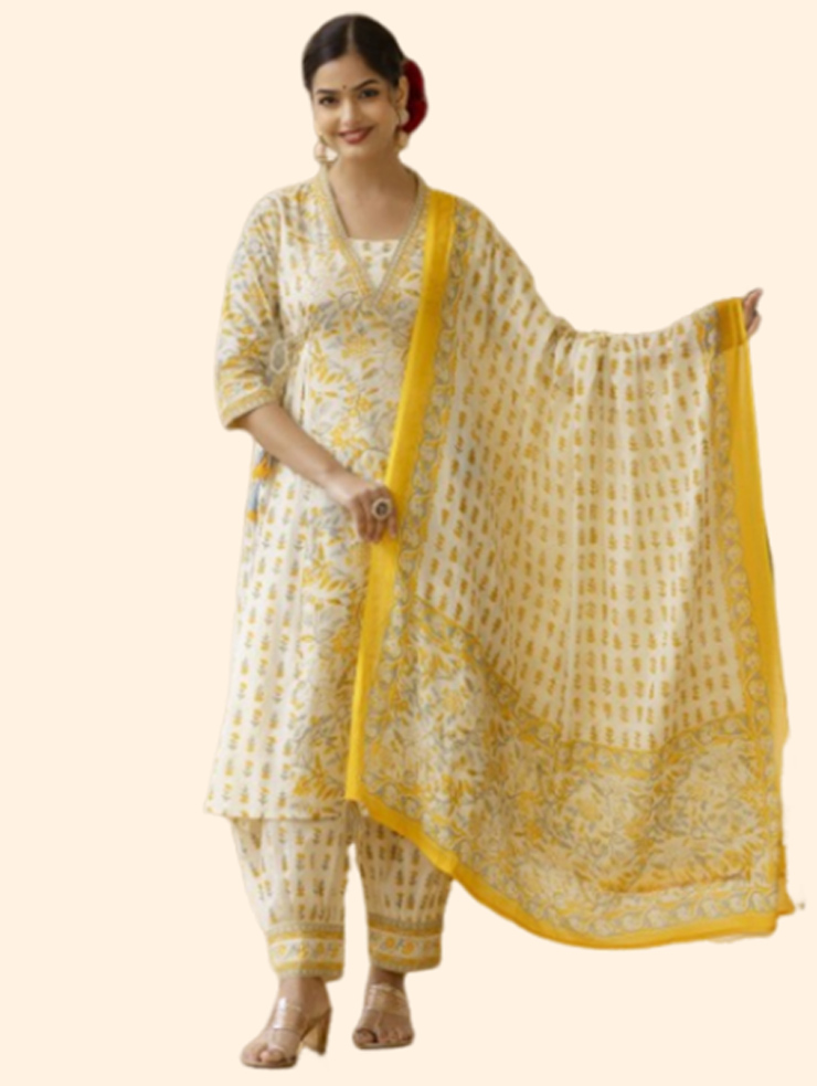 Floral Printed Mirror Work Punjabi Suit