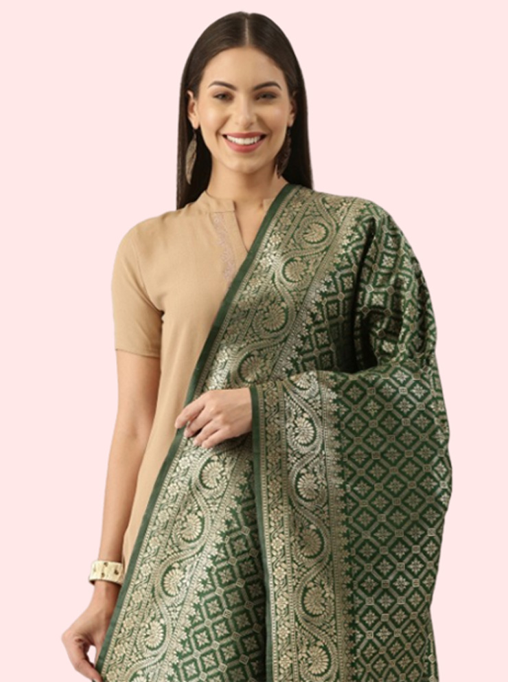 Green And Gold-Toned Ethnic Motifs Dupatta