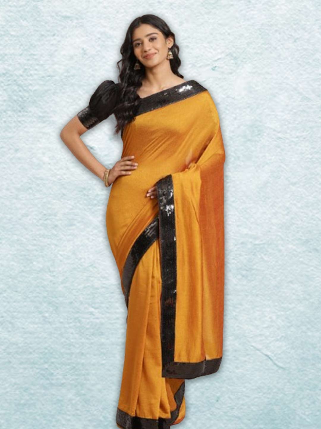 Mustard Yellow Saree With Black Contrast Blouse Design