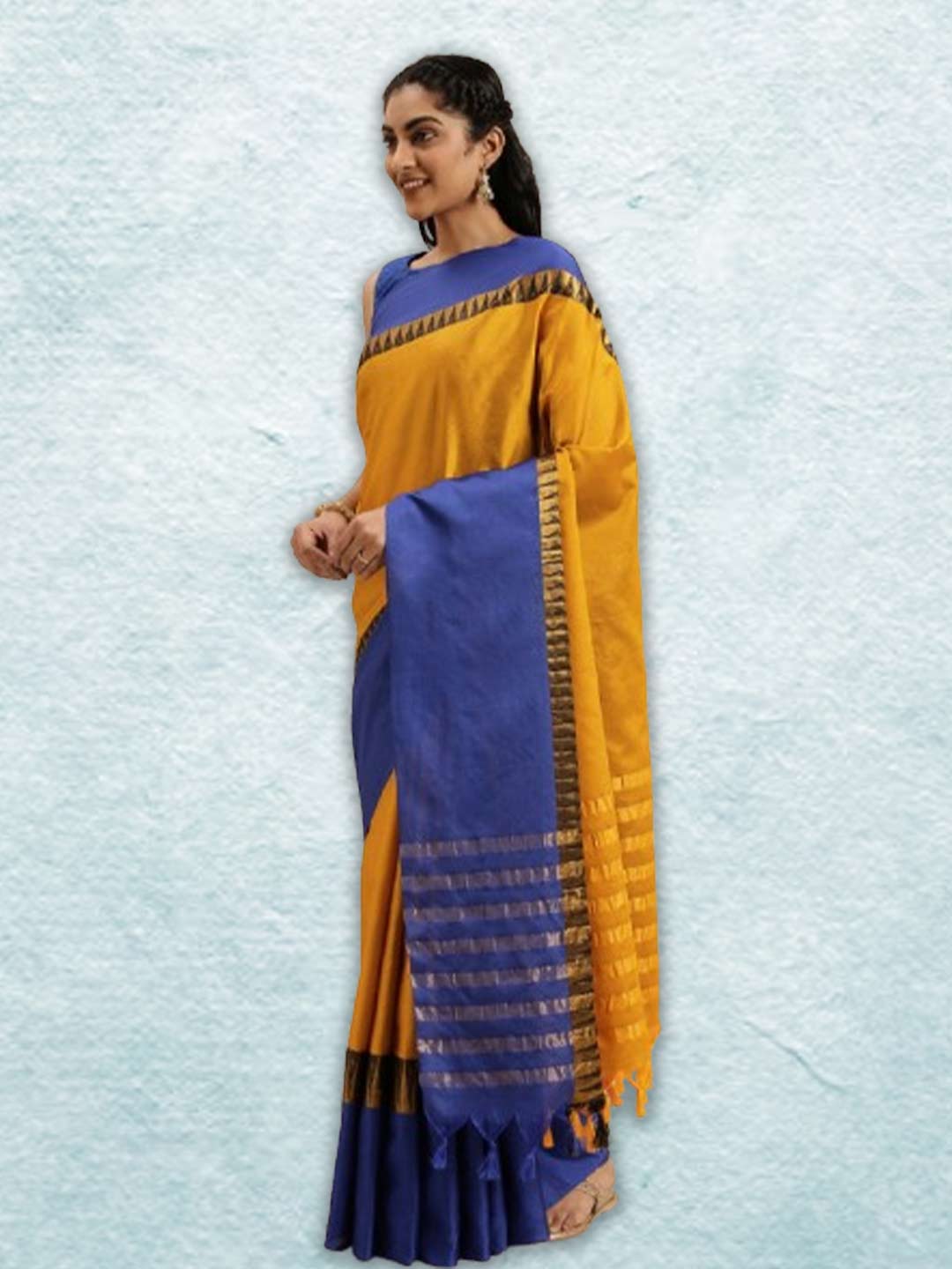 Mustard Yellow Saree With Blue Contrast Blouse Design