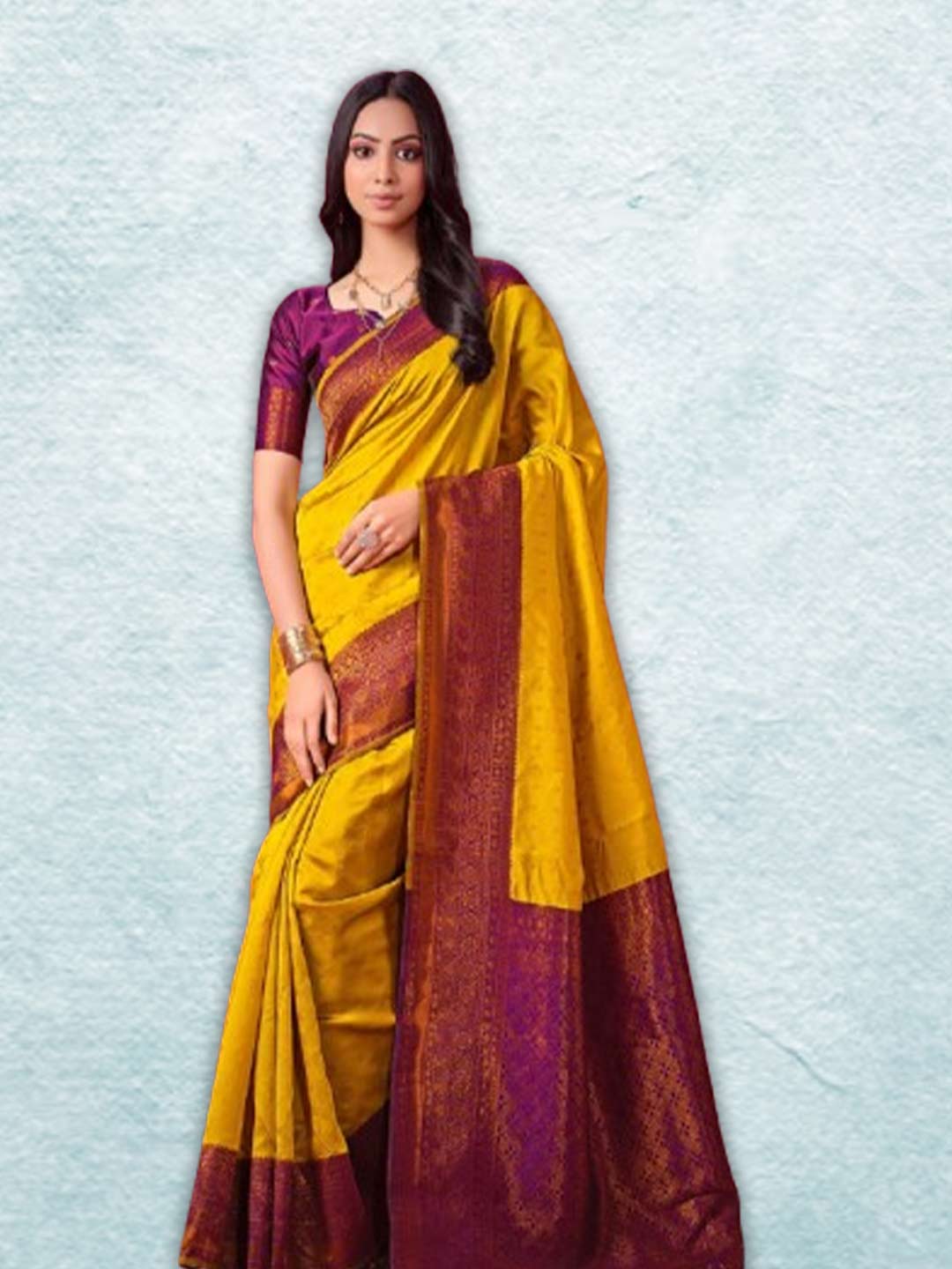 Mustard Yellow Saree With Burgundy Contrast Blouse Design