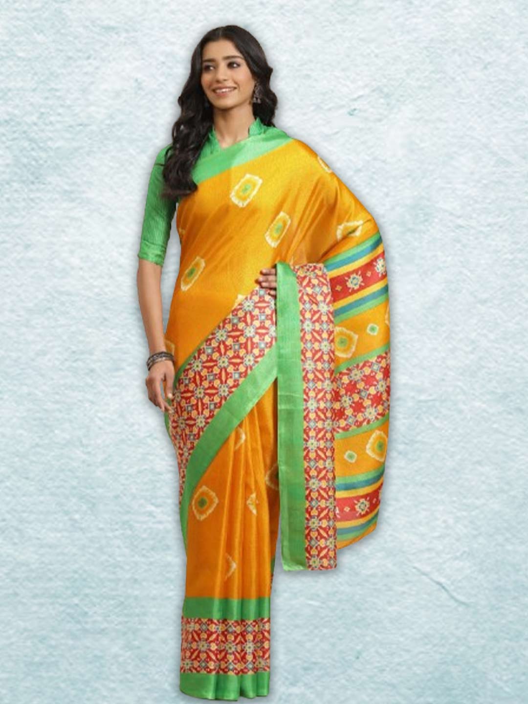 Mustard Yellow Saree With Green Contrast Blouse Design
