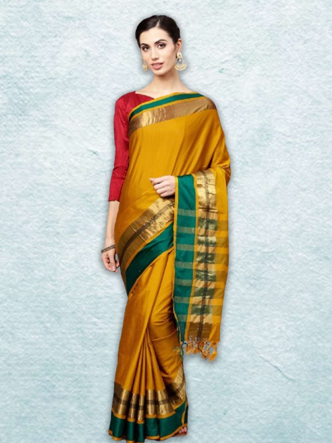 Mustard Yellow Saree With Red Contrast Blouse Design