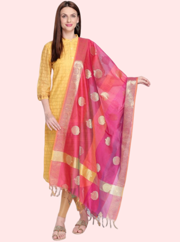 Pink And Orange Banarasi Woven Design Dupatta