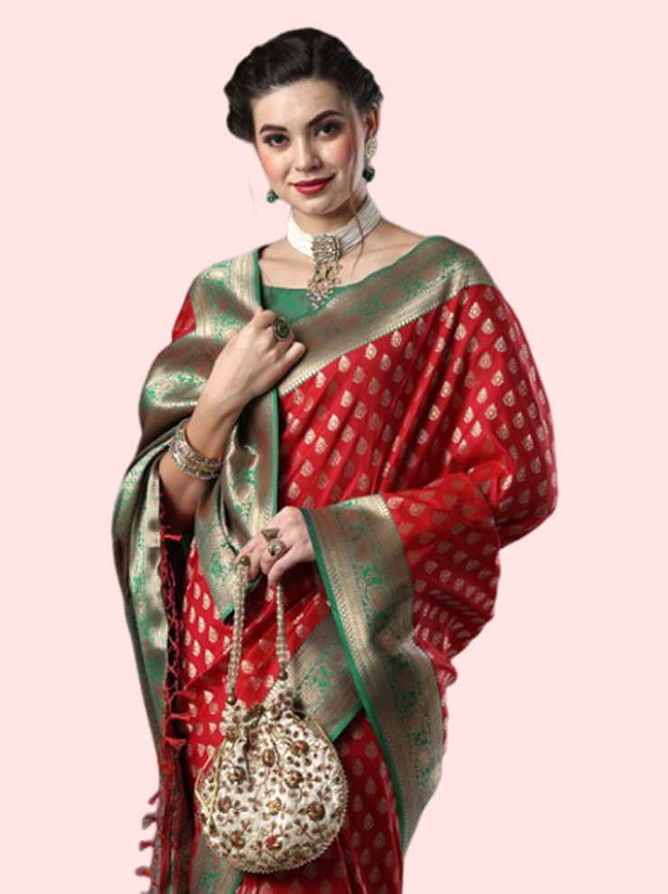 Banarasi Red Saree With Green Blouse