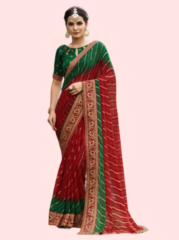 Georgette Red Saree With Green Blouse