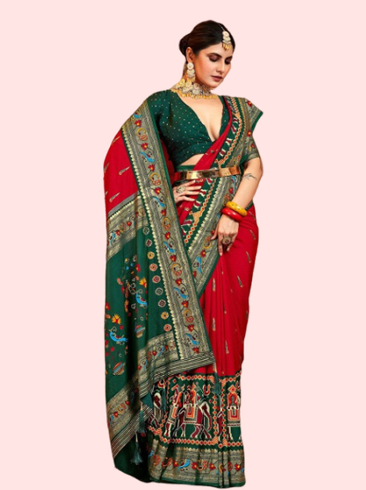 Red Zari Patola Saree With Green Blouse