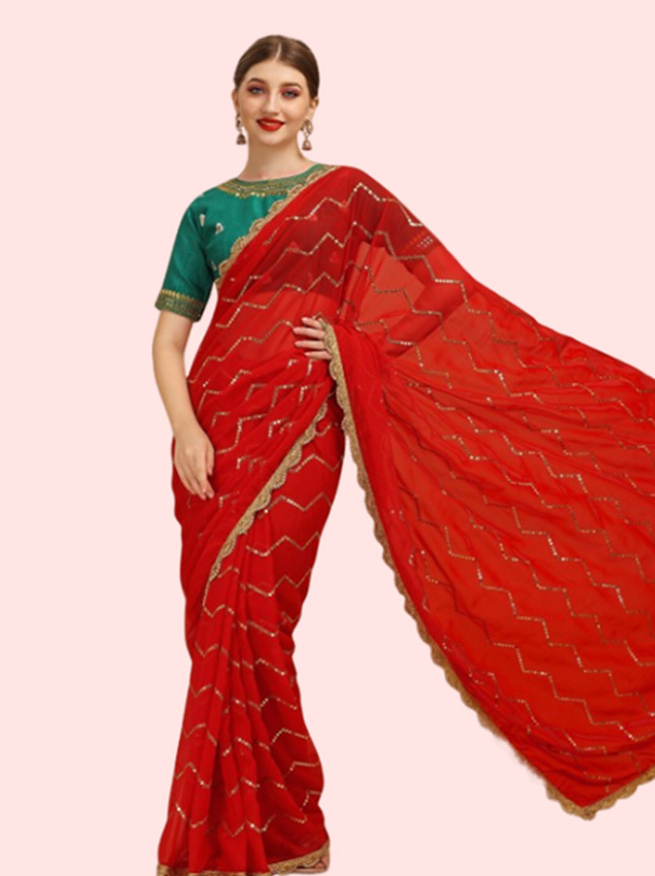 Sequin Red Saree With Green Blouse