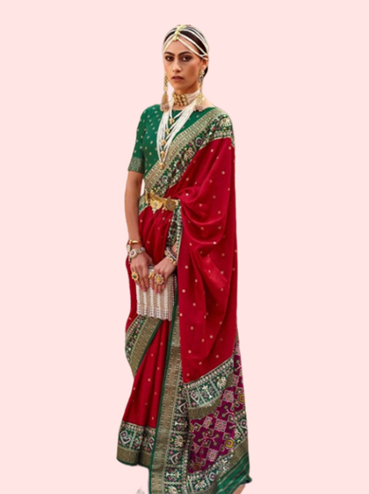 Silk Patola Red Saree With Green Blouse