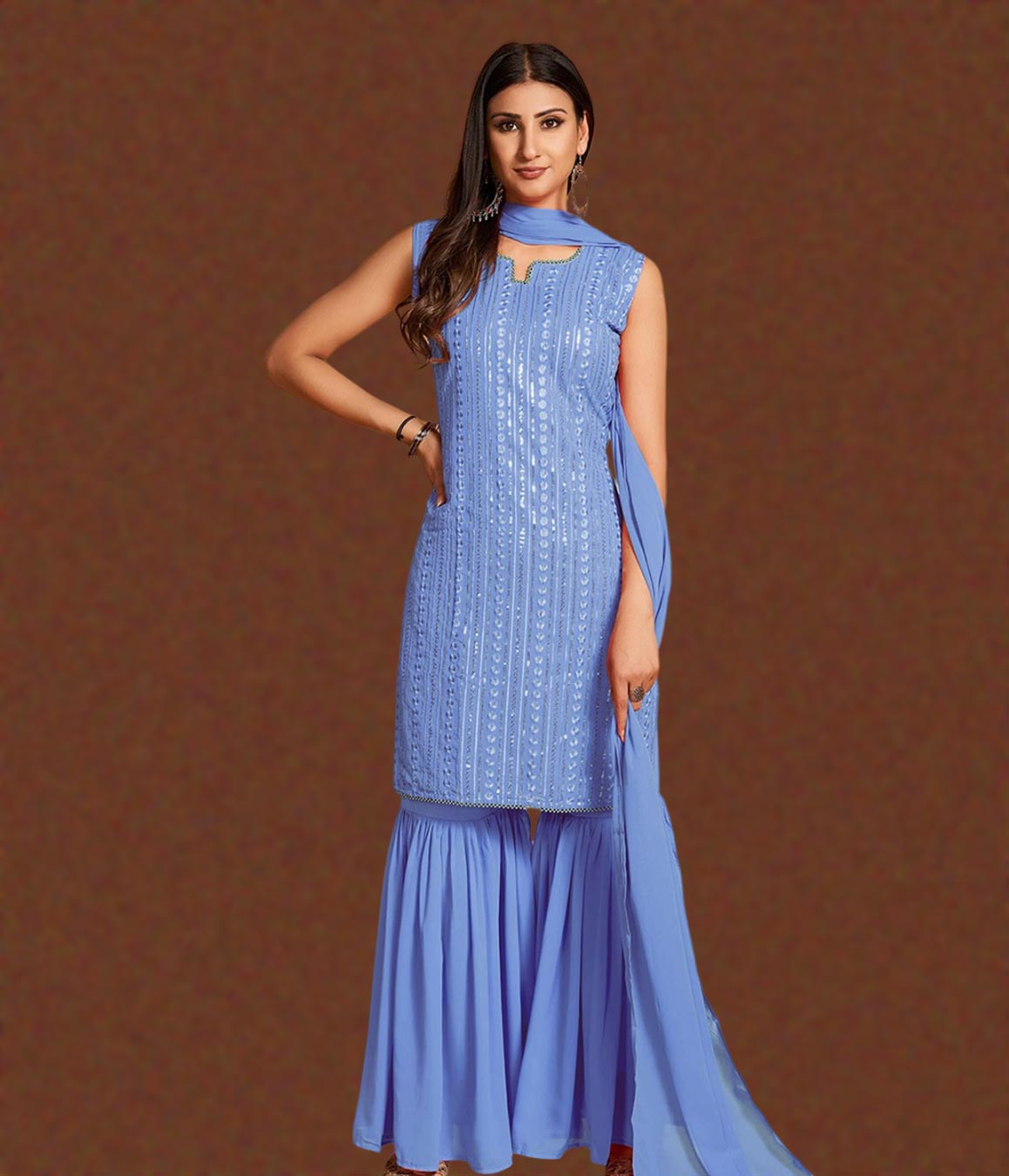 Threadwork Floral Silk Sharara Suit Design