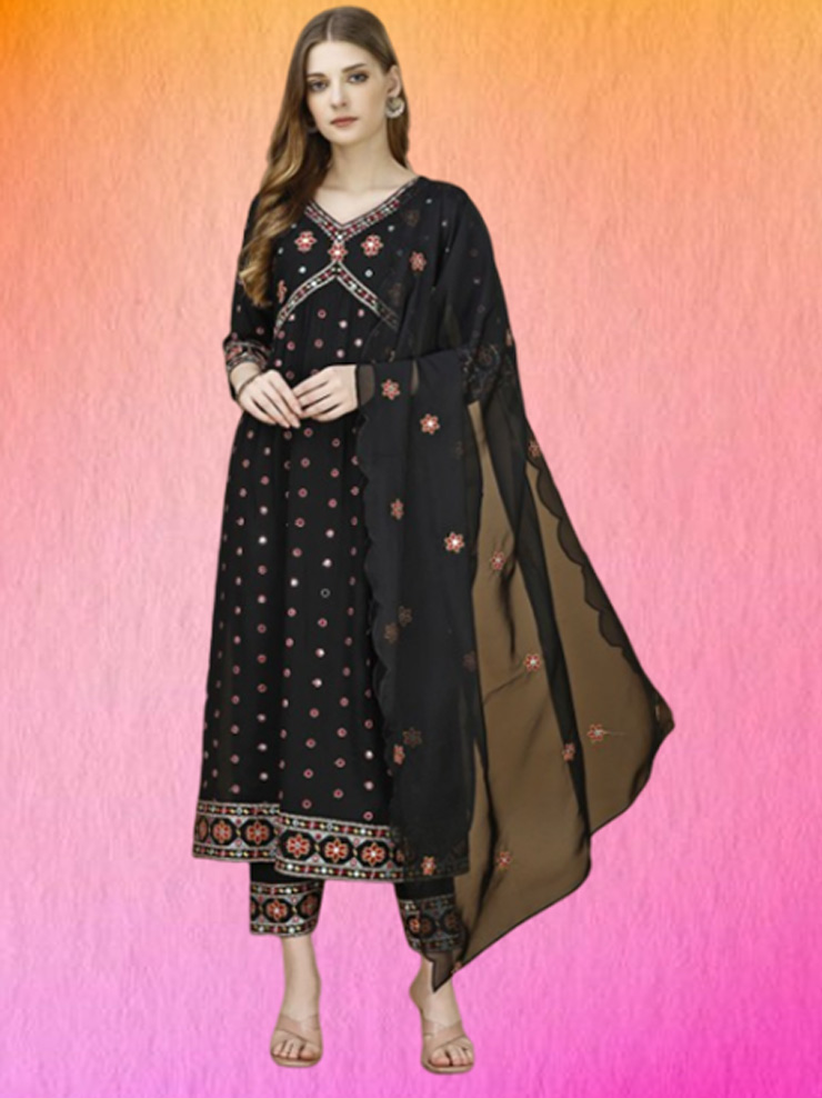 Floral Embroidered Alia Cut Mirror Work Suit