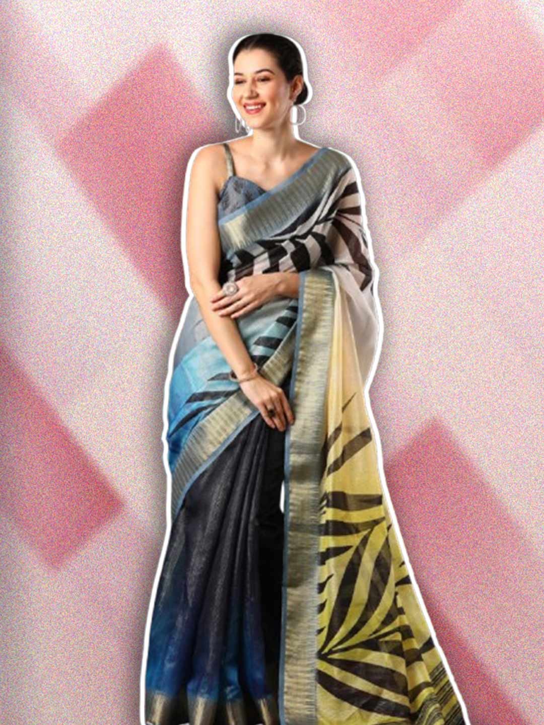 Navy Blue Floral Printed Organza Saree