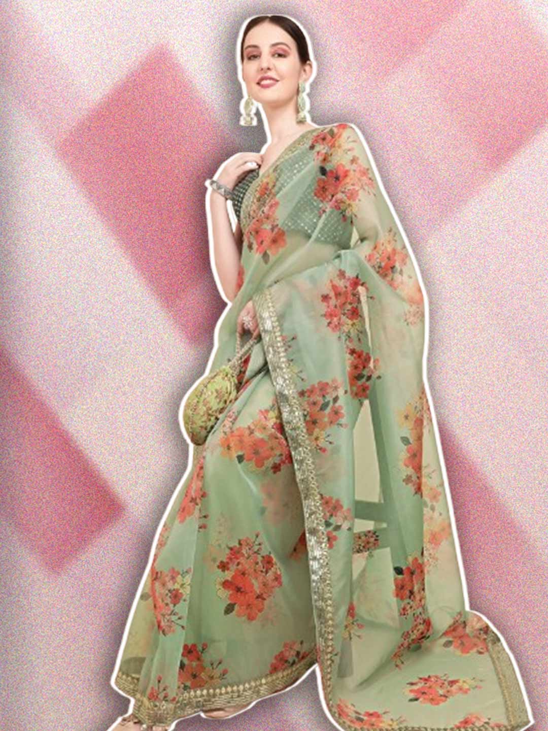 Olive Green And Red Floral Printed Organza Saree