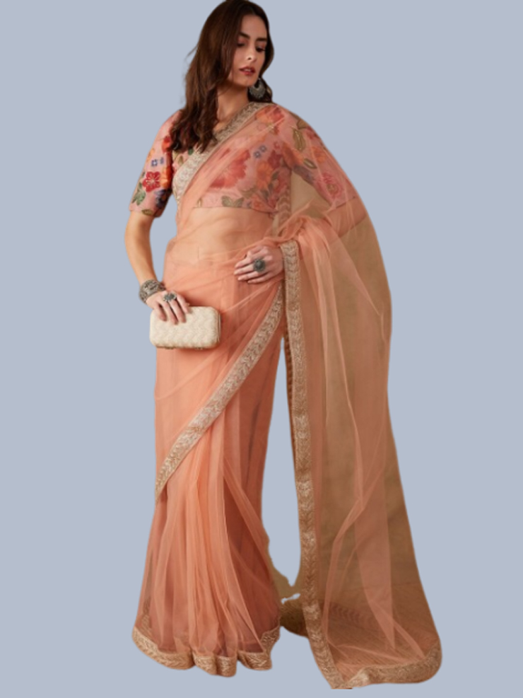 Peach Embroidered Bordered Net Saree