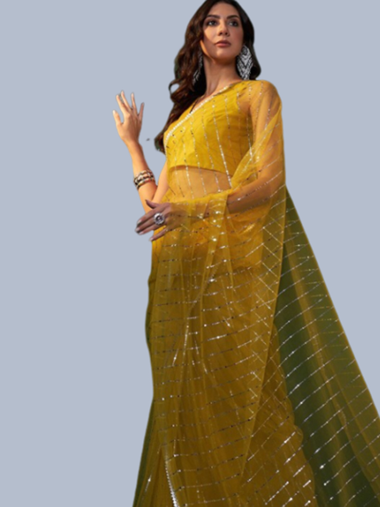 Yellow Net Embellished Saree