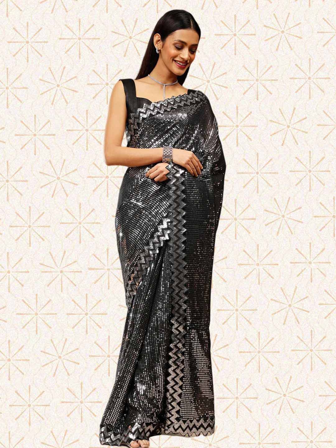 Black Sequin Georgette Designer Saree