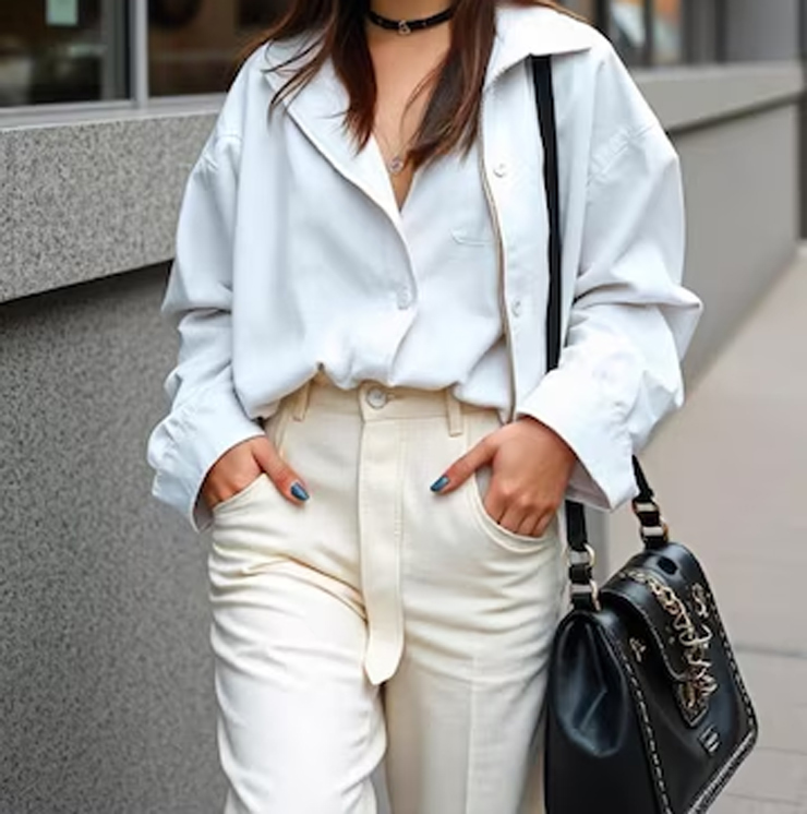 White Long Shirt With White Denim Jacket