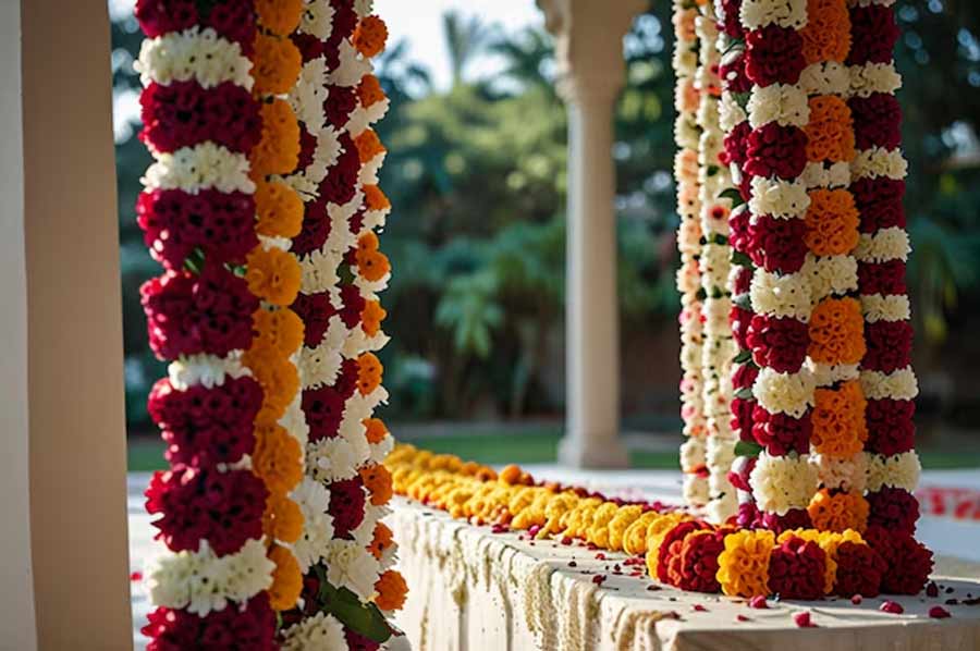 Diwali 2024 pillar decoration ideas with flower garlands