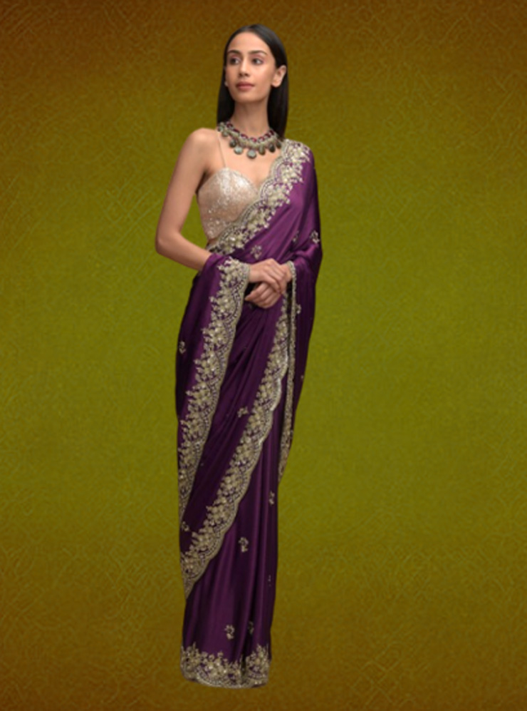 Floral Sequin Embellished Satin Saree