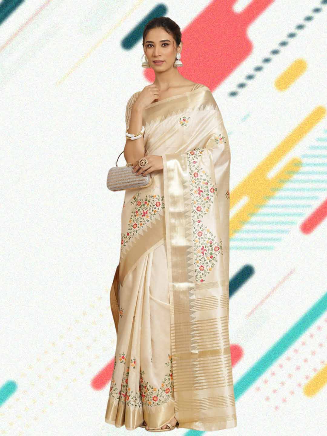 Gold Beige Floral Cotton Silk Saree