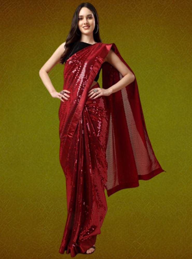 Maroon Sequin Embellished Saree