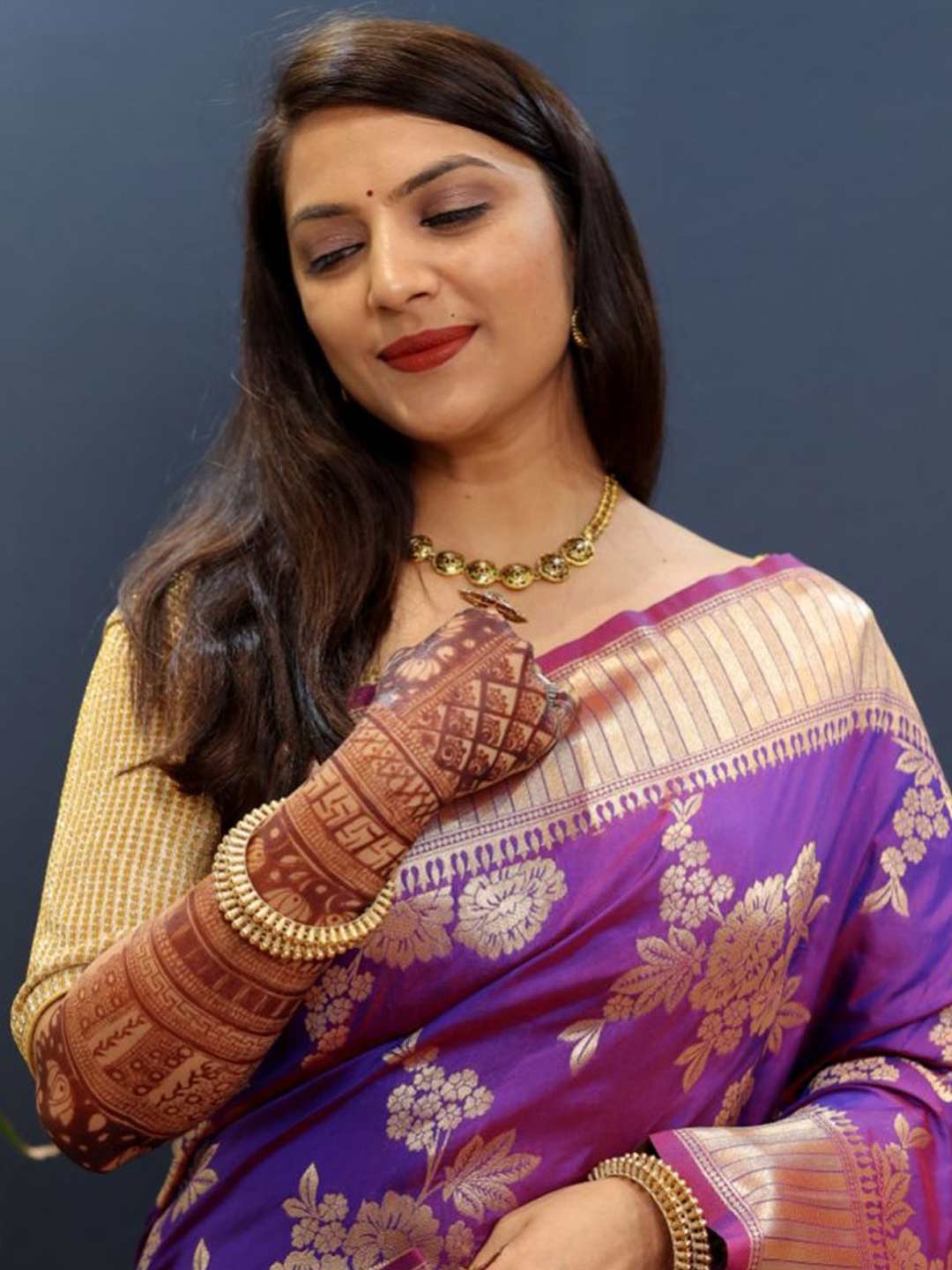 Purple Saree With Gold Contrast Blouse