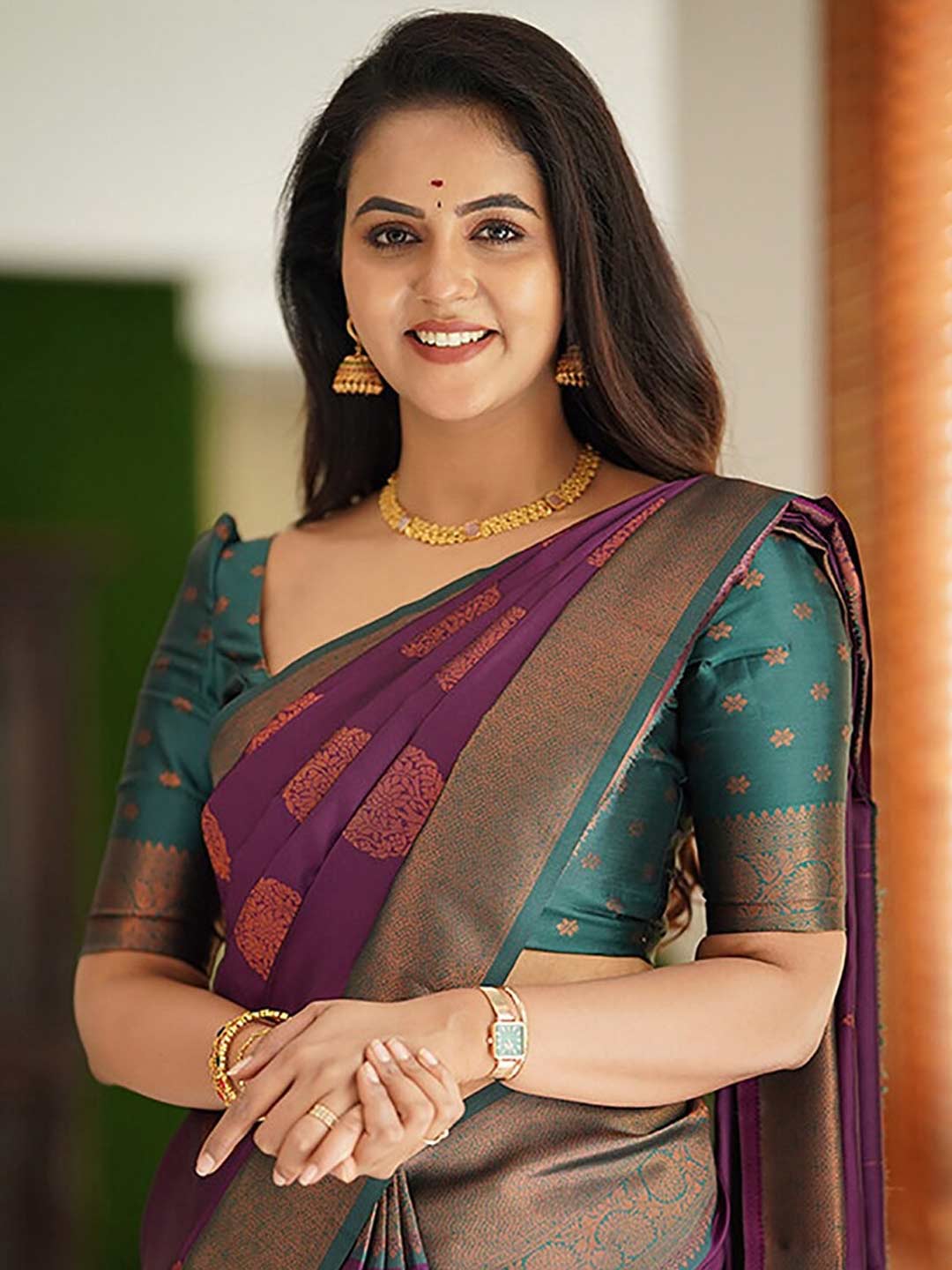 Purple Saree With Green Contrast Blouse
