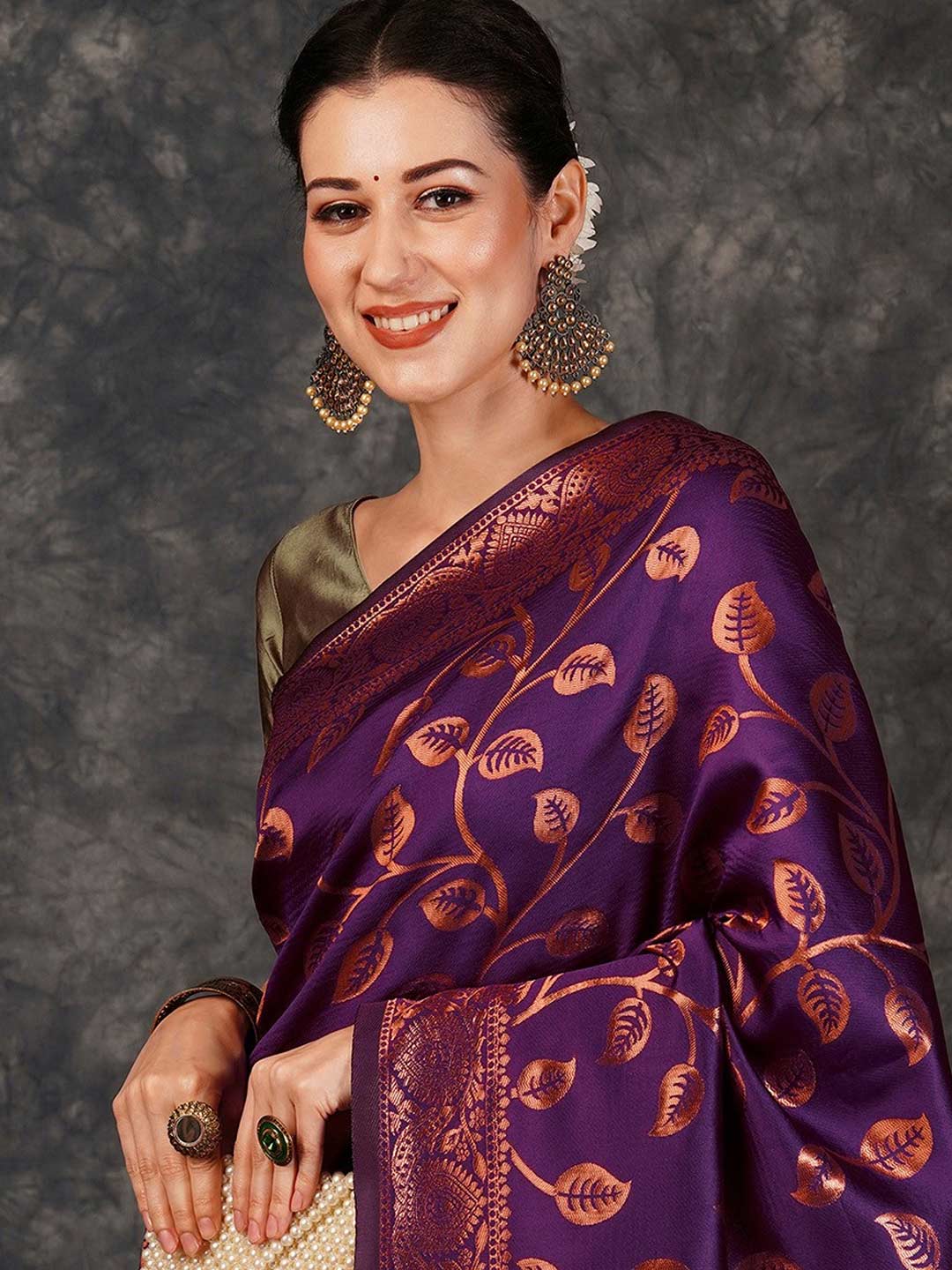 Purple Saree With Olive Green Contrast Blouse