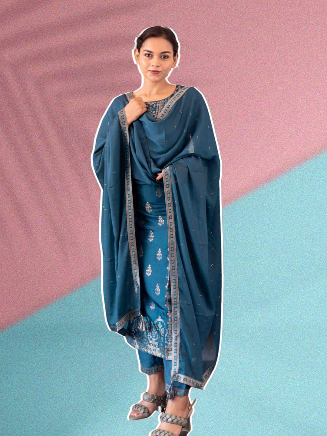 Silver Zari Silk Suit Design