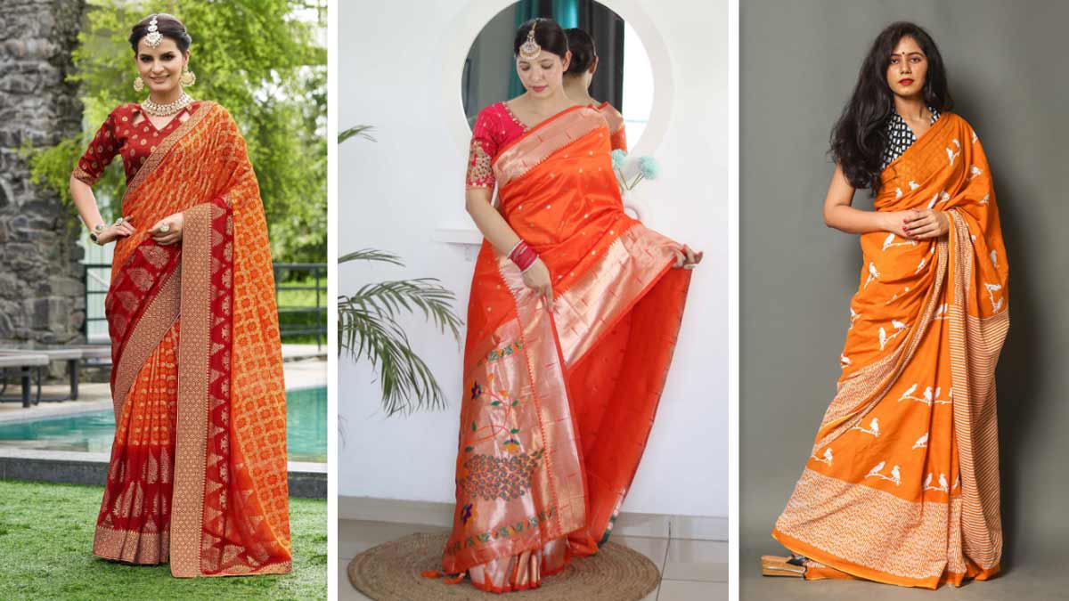Plain orange saree with designer blouse deals