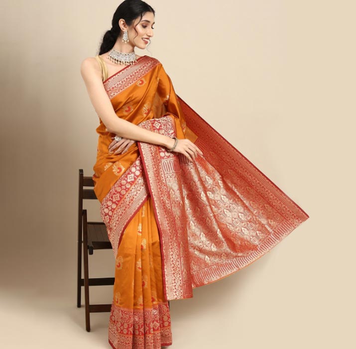 Banarasi Silk Orange Saree With Golden Contrast Blouse