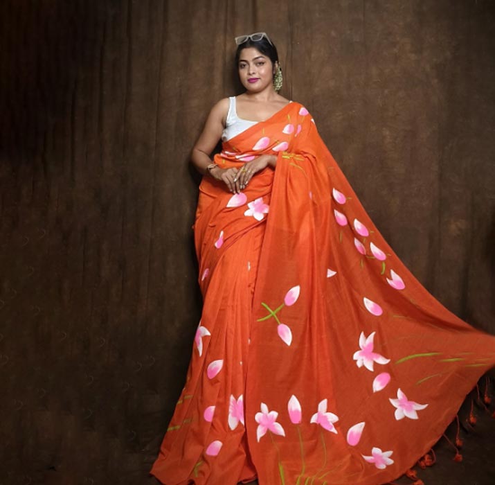 Khadi Cotton Orange Saree With White Contrast Blouse