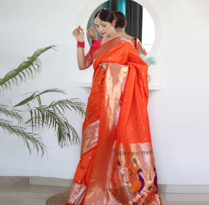 Paithani Orange Saree With Pink Contrast Blouse