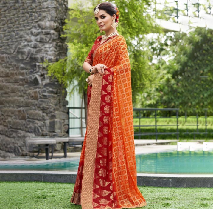 Pure Georgette Orange Saree With Red Contrast Blouse