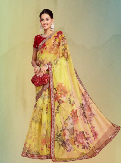 Floral Yellow Saree Design