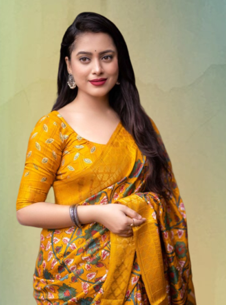 Kalamkari Yellow Saree Design