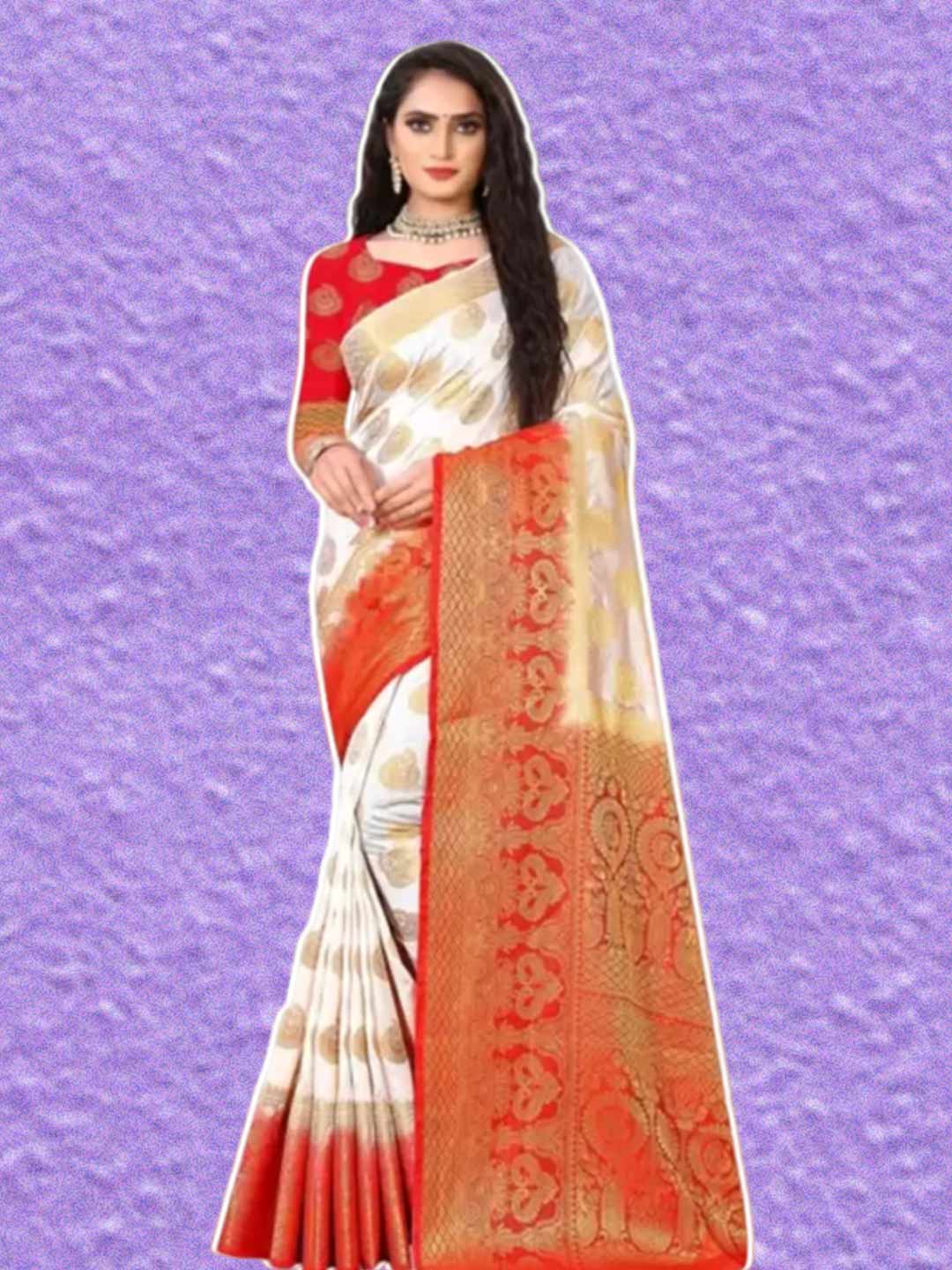 Banarasi White Saree With Red Border