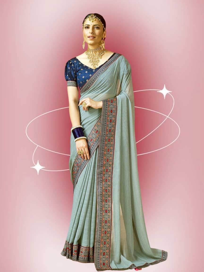Blue Contrast Blouse For Grey Saree