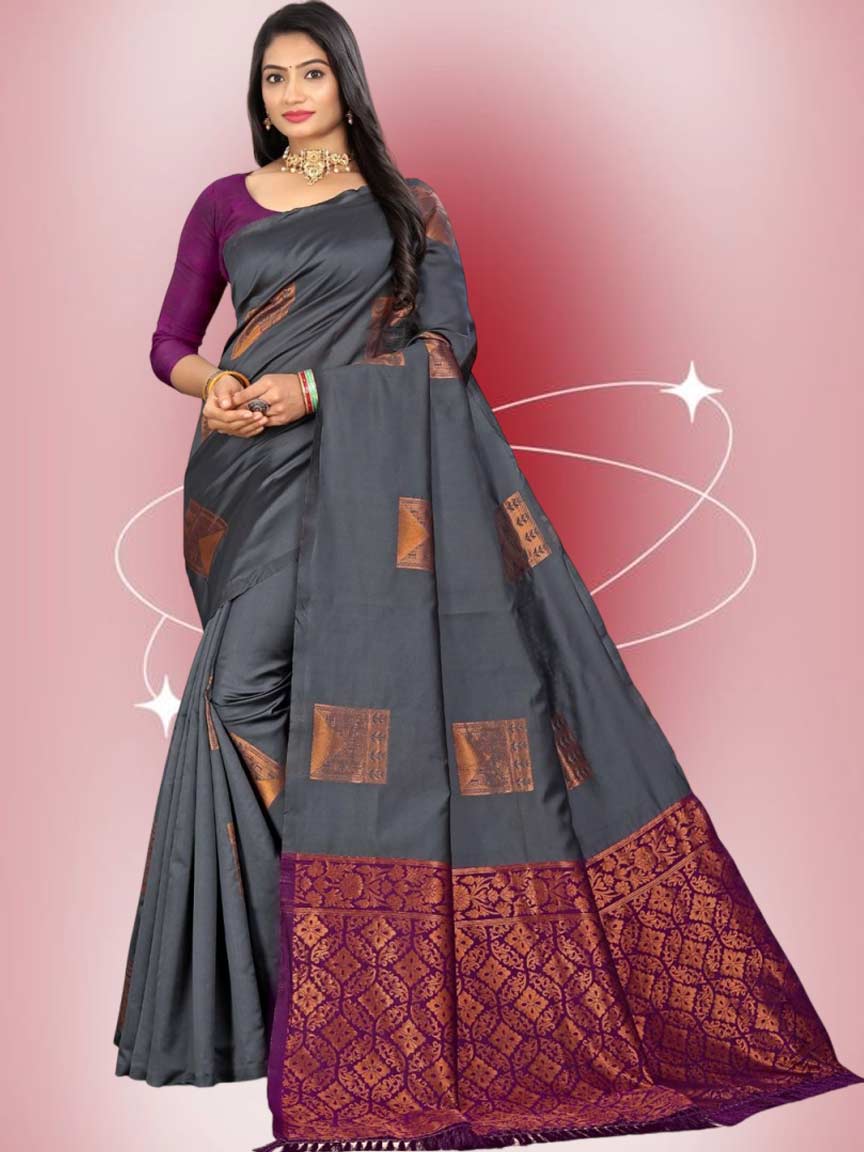 Dark Purple Contrast Blouse For Grey Saree